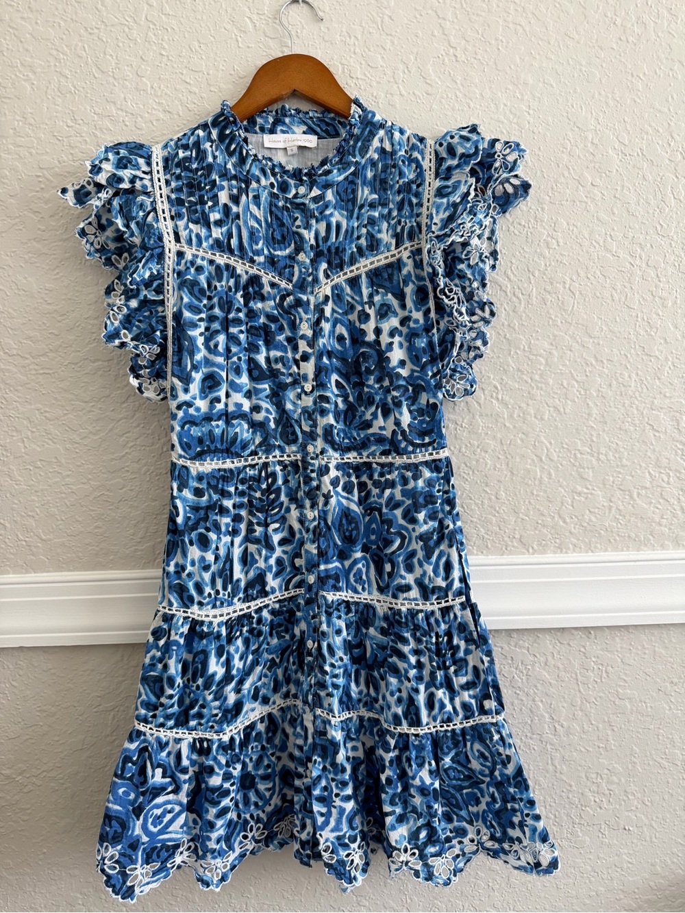 House of Harlow 1960 Blue Paisley Eyelet Cotton Tiered Mini Dress S